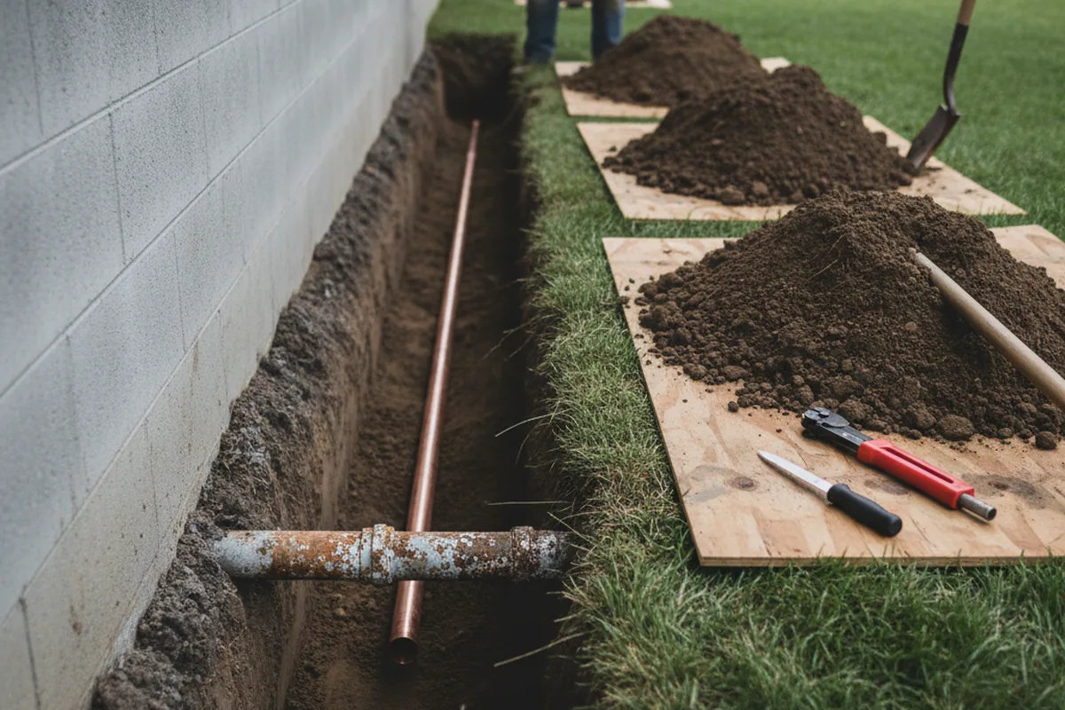 Excavated water line trench during Sewer Line Repair in Croydon